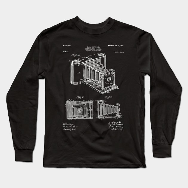 Folding Camera Patent - Photographer Art - Black Chalkboard Long Sleeve T-Shirt by patentpress